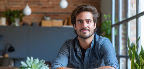 A smiling young man in casual attire sits confidently in a modern workspace with natural light and greenery around him