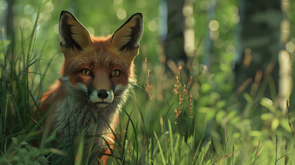 A red fox peers into the sunlit forest clearing, surrounded by lush green foliage.
