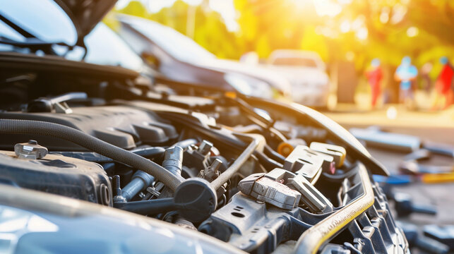 Mechanic inspecting engine with tools scattered around, symbolizing vehicle malfunction and repair process