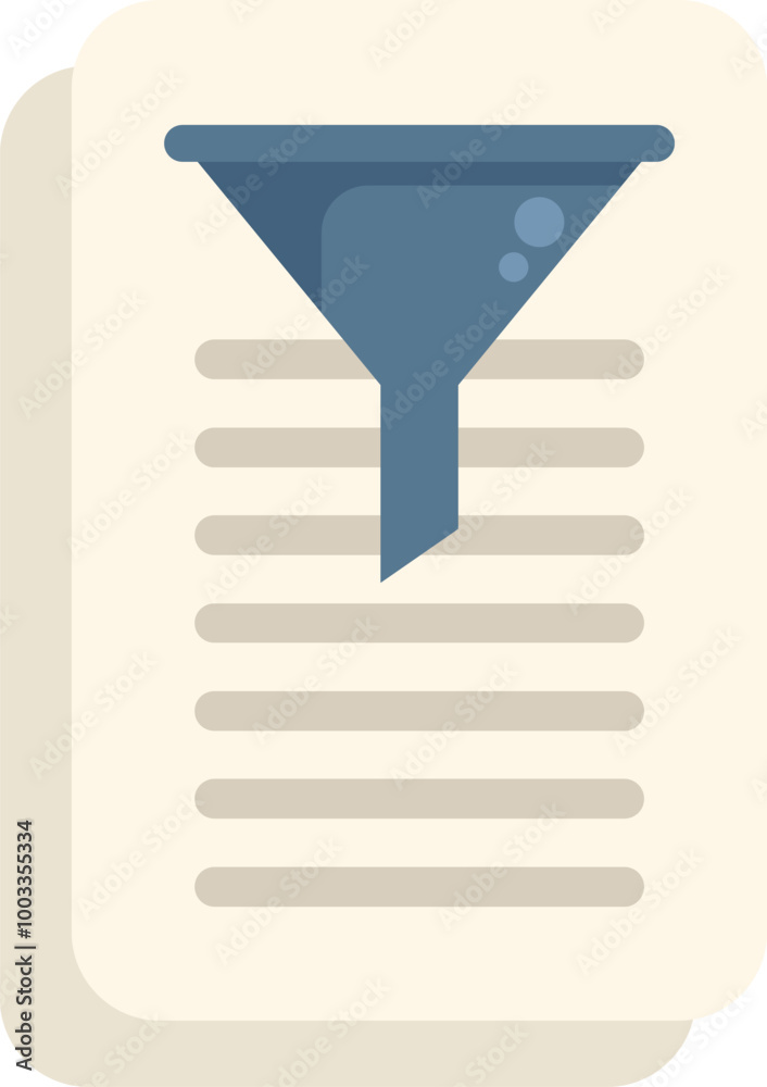 Poster funnel pouring information into a document with lines, representing data analysis, processing and ex
