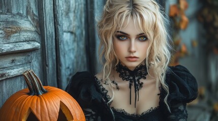 Fototapeta premium Dark Gothic Halloween Aesthetic with Pumpkins and Mysterious Girl