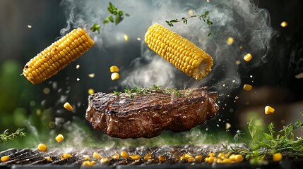 Juicy steak and corn on the cob levitating above a hot grill with smoke and herbs.