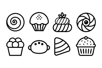 Set of hand-drawn bakery icons, perfect for cafe menus, packaging, or any project requiring a vintage, sketchy style. Includes various sweet treats like cupcakes, donuts, and pastries.