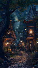 Enchanting woodland village at night illuminated by warm lights under the starry sky surrounded by lush trees and natural beauty