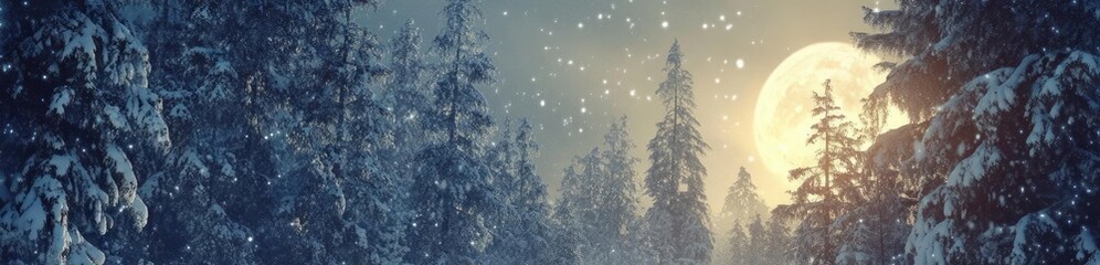 A serene winter landscape featuring reindeer beneath a full moon, surrounded by snow-covered trees and gentle snowfall.