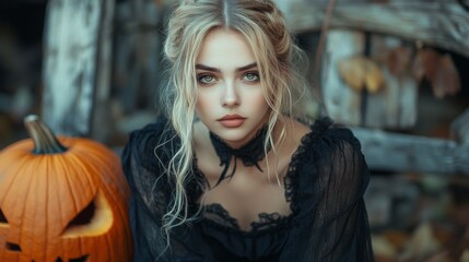 Fototapeta premium Dark Gothic Halloween Aesthetic with Pumpkins and Mysterious Girl