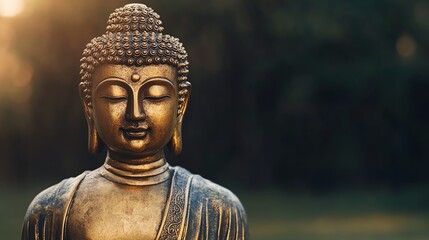 Serene golden Buddha statue illuminated by soft sunlight, embodying tranquility and spiritual peace...