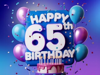 Happy 65th Birthday with Cake and Blue Balloons