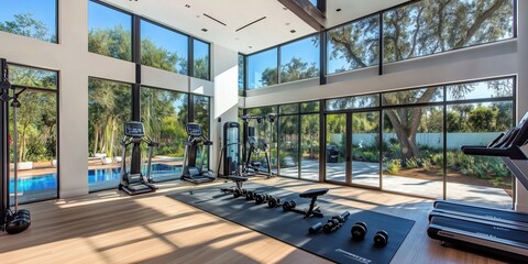 Fototapeta premium Modern Home Gym with Large Windows, Natural Light, and State-of-the-Art Fitness Equipment Overlooking a Pool and Garden
