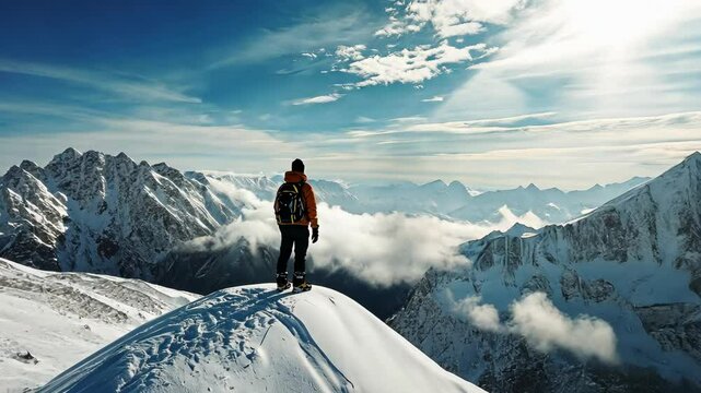 A hiker stands on a snowy mountain peak, overlooking a vast range of snow-capped mountains in the distance