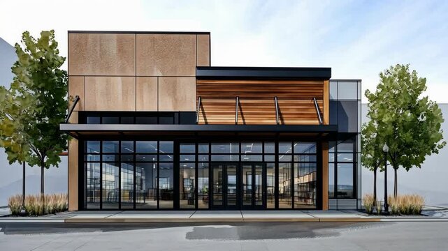 A modern storefront with a large glass facade, a wooden awning, and a sleek design