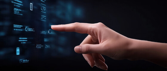 Hand interacting with digital interface on dark background