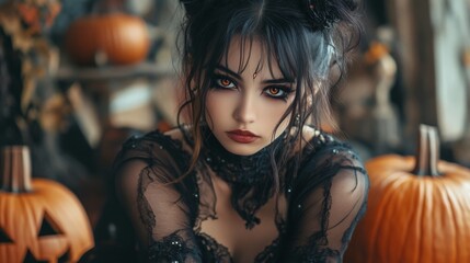 Fototapeta premium Dark Gothic Halloween Aesthetic with Pumpkins and Mysterious Girl