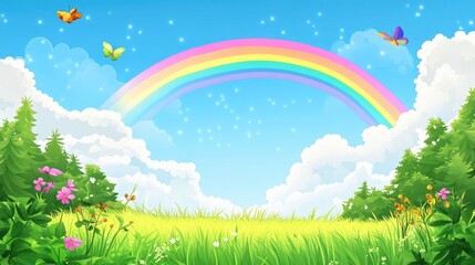 Obraz premium A Rainbow Arcing Over a Lush Green Meadow with Butterflies