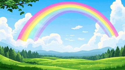 A Rainbow Arcing Over a Lush Green Meadow and Blue Mountains