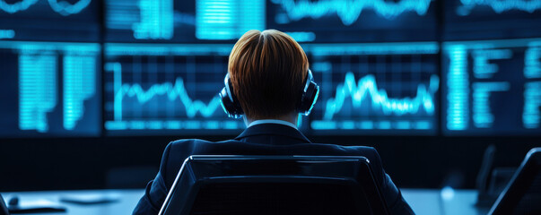 Professional analyzing data with headphones in a modern office environment.
