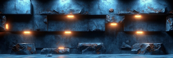 Naklejka premium Stone wall with warm lights and blue background.