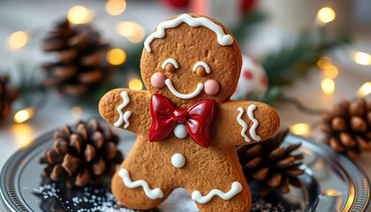 Holiday Gingerbread Man with Glossy Red Bowtie and White Frosting Photorealistic Christmas Character