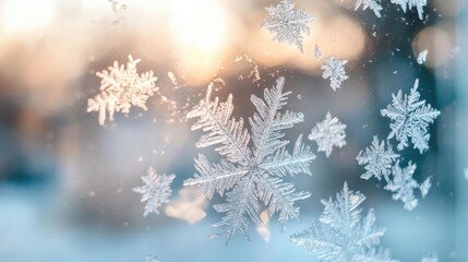 Beautiful snowflakes gently falling, glistening in the sunlight, creating a serene winter atmosphere.