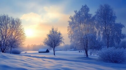 Obraz premium A serene winter landscape with snow-covered trees and a soft sunrise in the background, creating a tranquil atmosphere.