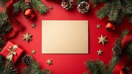 A blank card surrounded by festive decorations on a vibrant red background perfect for Christmas greetings and wishes
