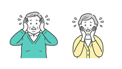 困って焦る高齢者小太り男女の上半身イラスト