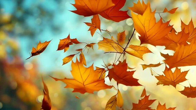 Orange and yellow leaves fall from a tree branch on a bright, breezy autumn day