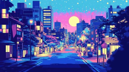 A Nighttime View of a City Street with Buildings, Trees, and a Full Moon