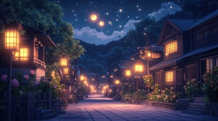 Nighttime View of a Japanese Village with Lanterns and a Starry Sky