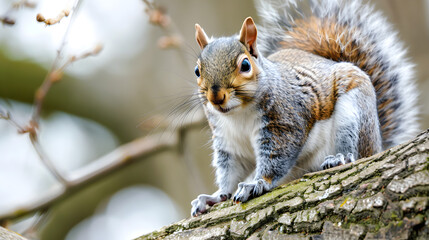 Obraz premium Fluffy grey squirrel with shiny eyes sits on tree branch, looking around its surroundings.