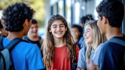 Fototapeta premium New School Year Excitement Snap students eagerly chatting with friends at the entrance of the school, showing their excitement for the first day back.