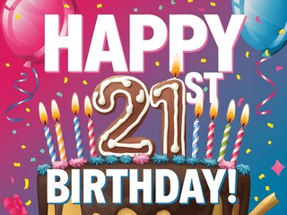 Colorful 21st Birthday with Cake and Lit Candles