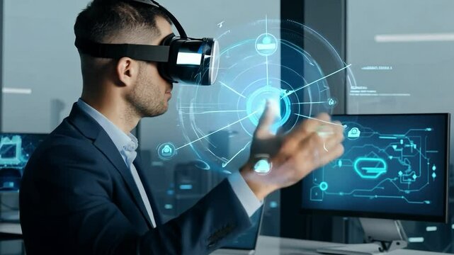 Businessman using virtual reality headset with interactive digital interface in a modern office. VR technology and innovation concept. Design for technology poster, banner, or header