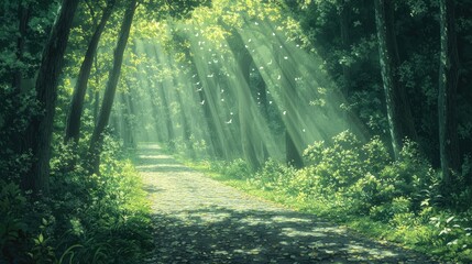 Obraz premium A sun-drenched path winds through a lush green forest, with butterflies flitting in the air.