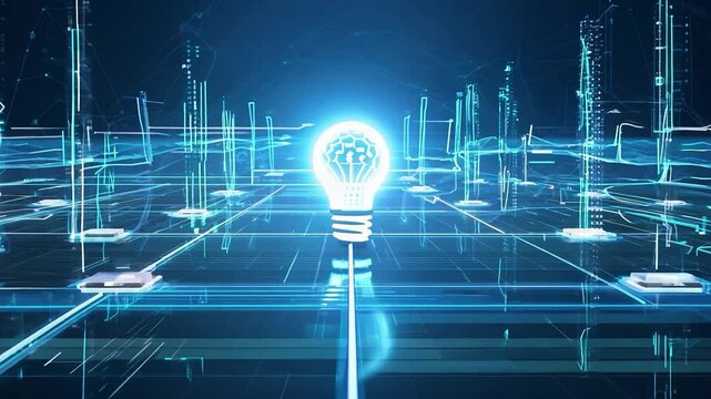 Glowing light bulb on a futuristic digital grid. Innovation and technology concept. Design for tech poster, banner, or header