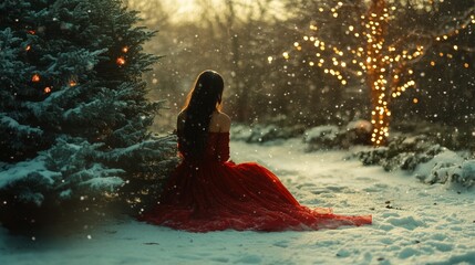 Obraz premium A woman in a red dress enjoying the snowy garden with Christmas lights and festive decorations during winter