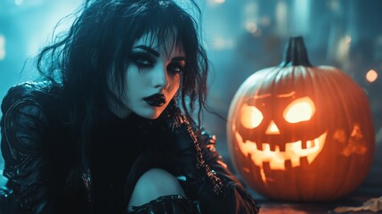 Dark Gothic Halloween Aesthetic with Pumpkins and Mysterious Girl