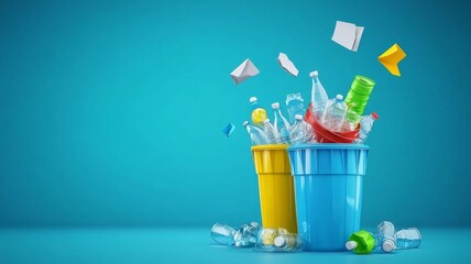 Obraz premium large trash cans in various colors and shapes, with paper balls flying around them and neatly arranged plastic bottles. Glass and metal are shown flowing into designated rubbish boxes