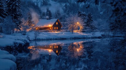 A serene winter night scene showcasing a cozy cabin illuminated by warm lights, surrounded by snow and tranquil water reflections.