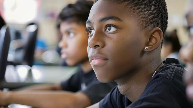 Focused african american student in a computer science class, absorbing knowledge and developing skills for a bright future in technology