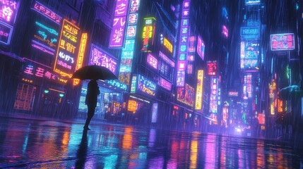 Fototapeta premium A lone figure with an umbrella stands in a neon-lit rainy city street.
