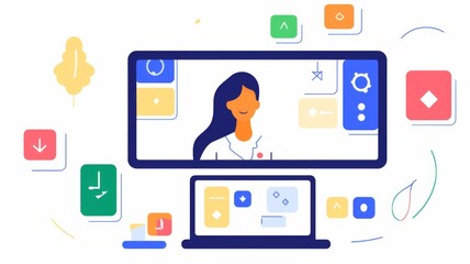 a laptop screen displaying an online doctor's profile with medical icons. 