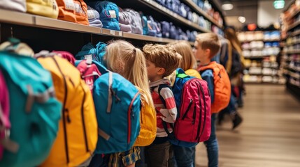 Obraz premium Photograph children selecting their favorite backpacks in a store, excitedly preparing for the new school year