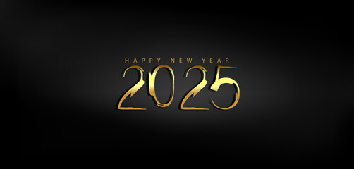 Happy New Year 2025 in shimmering gold on a deep black background conveying a sense of joy and new beginnings