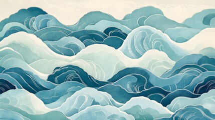 A soft, pastel-colored Seigaiha pattern featuring gently curving waves, symbolizing balance and calm. The intricate wave layers, in shades of blue and green, create a peaceful and fluid visual, 