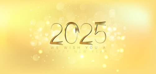 Happy New Year 2025 in shimmering gold on a deep black background conveying a sense of joy and new beginnings