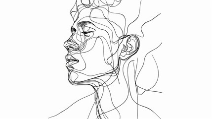Fototapeta premium Monochrome Line Drawing of Abstract Face Conveying Thoughtful Emotion and Concept