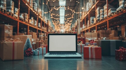 A festive workspace with a blank laptop screen surrounded by Christmas gifts in a warehouse decorated for the holidays