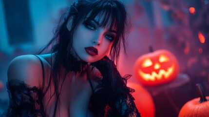 Naklejka premium Dark Gothic Halloween Aesthetic with Pumpkins and Mysterious Girl