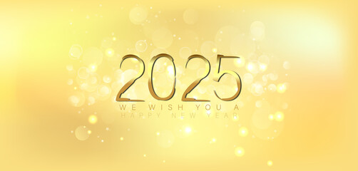 Happy New Year 2025 in shimmering gold on a deep black background conveying a sense of joy and new beginnings
